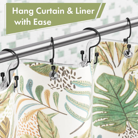 AmazerBath matte black cylindrical metal hooks hanging a shower curtain and liner together with ease.