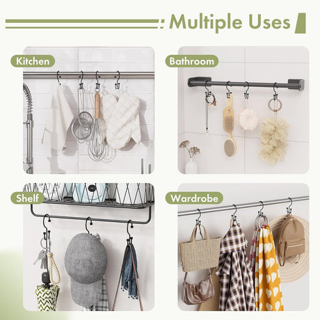 AmazerBath matte black cylindrical metal shower curtain hooks used in bathroom, kitchen, shelf, and wardrobe areas.