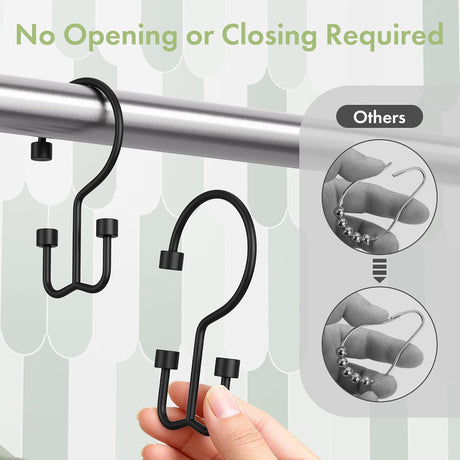 AmazerBath matte black cylindrical metal shower curtain hook with an open design for quick hanging.