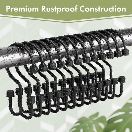Set of AmazerBath matte black cylindrical metal shower curtain hooks showing premium rustproof construction.