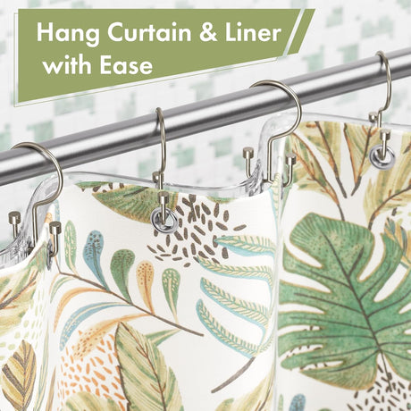 AmazerBath nickel cylindrical metal hooks hanging a shower curtain and liner together with ease.