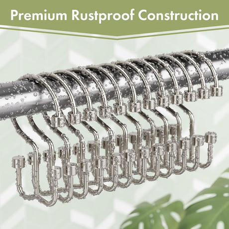 Set of AmazerBath nickel cylindrical metal shower curtain hooks showing premium rustproof construction.