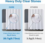 AmazerBath white fabric shower curtain liner with two 20.7-gram clear stones compared with small magnets.
