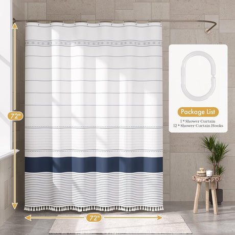 AmazerBath navy blue farmhouse shower curtain shown with its 72 by 72 inch size and included clear rings.