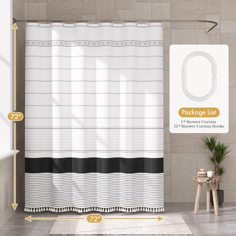 AmazerBath Boho Farmhouse Shower Curtain with Tassels in Black, product gallery view highlighting the design and finish.