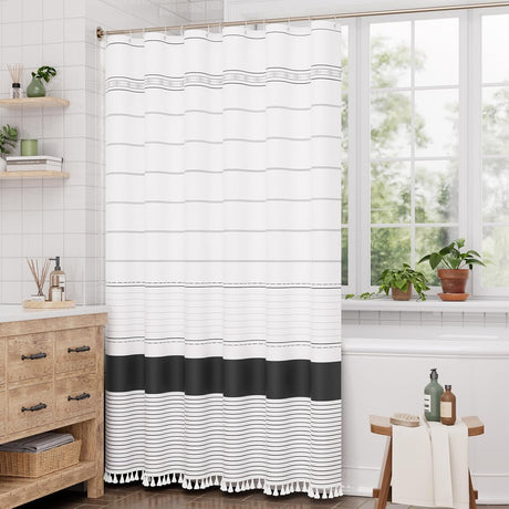 AmazerBath Boho Farmhouse Shower Curtain with Tassels in Black, product gallery view highlighting the design and finish.