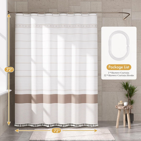 AmazerBath Boho Farmhouse Shower Curtain with Tassels in Pink Khaki, product gallery view highlighting the design and finish.