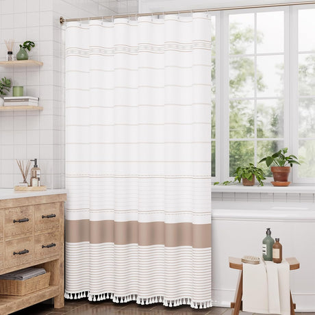 AmazerBath Boho Farmhouse Shower Curtain with Tassels in Pink Khaki, product gallery view highlighting the design and finish.