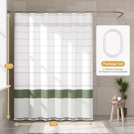 AmazerBath Boho Farmhouse Shower Curtain with Tassels in Sage Green, product gallery view highlighting the design and finish.