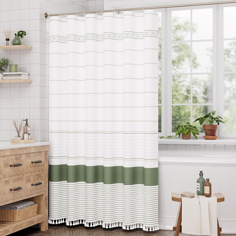 AmazerBath Boho Farmhouse Shower Curtain with Tassels in Sage Green, product gallery view highlighting the design and finish.