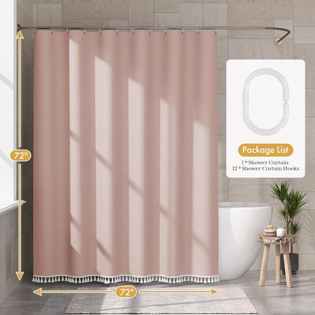 AmazerBath Colorful Farmhouse Shower Curtain with Tassels in Pink, product gallery view highlighting the design and finish.