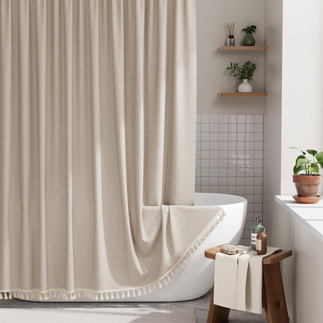 AmazerBath Colorful Farmhouse Shower Curtain with Tassels in Taupe, product gallery view highlighting the design and finish.