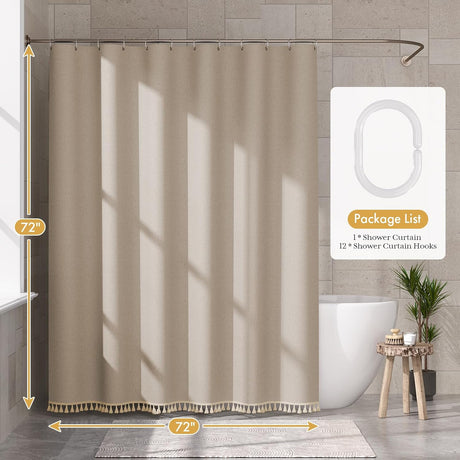AmazerBath Colorful Farmhouse Shower Curtain with Tassels in Taupe, product gallery view highlighting the design and finish.