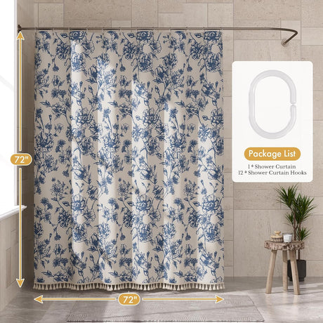 AmazerBath Floral Farmhouse Shower Curtain with Tassels in Navy Blue, product gallery view highlighting the design and fin...