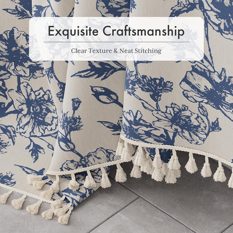 AmazerBath Floral Farmhouse Shower Curtain with Tassels in Navy Blue, product gallery view highlighting the design and fin...
