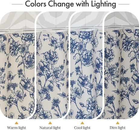 AmazerBath Floral Farmhouse Shower Curtain with Tassels in Navy Blue, product gallery view highlighting the design and fin...