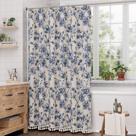 AmazerBath Floral Farmhouse Shower Curtain with Tassels in Navy Blue, product gallery view highlighting the design and fin...