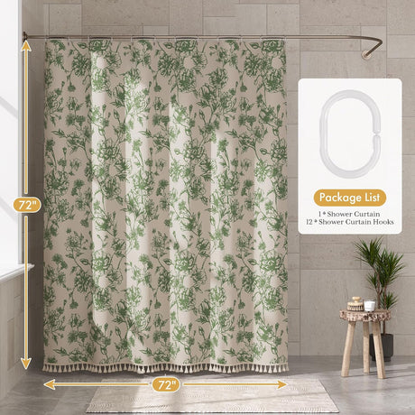 AmazerBath Floral Farmhouse Shower Curtain with Tassels in Sage Green, product gallery view highlighting the design and fi...