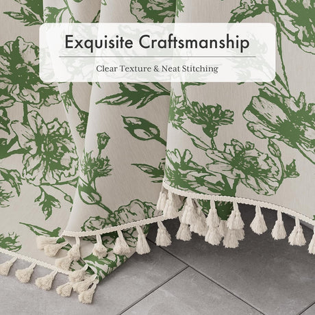 AmazerBath Floral Farmhouse Shower Curtain with Tassels in Sage Green, product gallery view highlighting the design and fi...