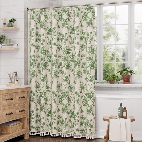AmazerBath Floral Farmhouse Shower Curtain with Tassels in Sage Green, product gallery view highlighting the design and fi...