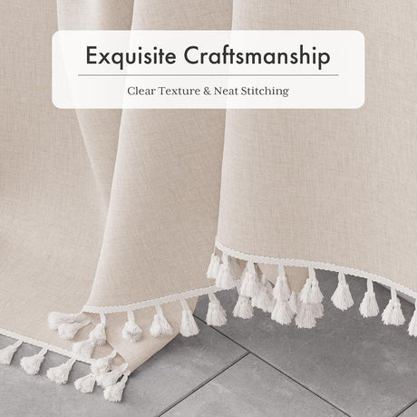 AmazerBath Neutral Farmhouse Shower Curtain with Side Tassels in Natural, product gallery view highlighting the design and...