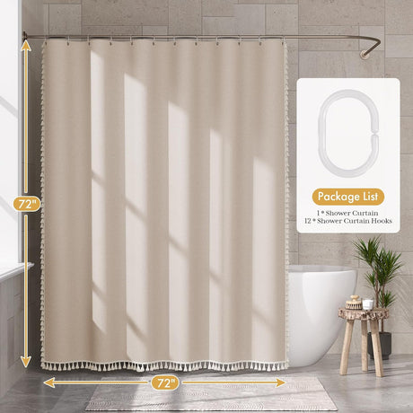 AmazerBath Neutral Farmhouse Shower Curtain with Side Tassels in Natural, product gallery view highlighting the design and...