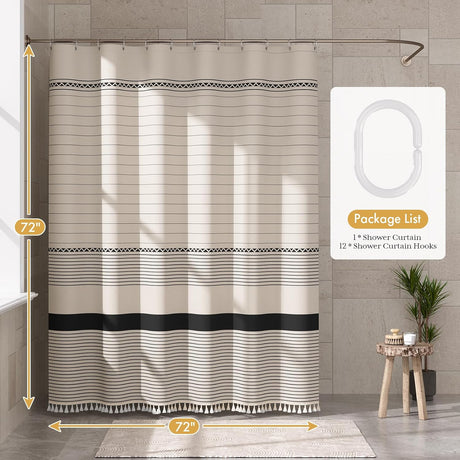 AmazerBath Striped Farmhouse Shower Curtain with Tassels in Black, product gallery view highlighting the design and finish.