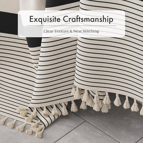 AmazerBath Striped Farmhouse Shower Curtain with Tassels in Black, product gallery view highlighting the design and finish.