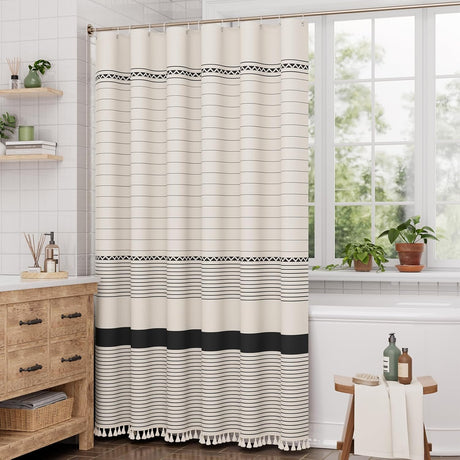 AmazerBath Striped Farmhouse Shower Curtain with Tassels in Black, product gallery view highlighting the design and finish.
