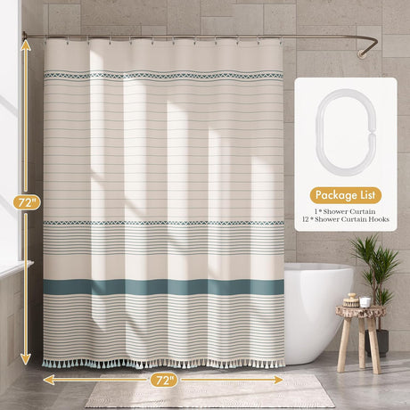 AmazerBath Striped Farmhouse Shower Curtain with Tassels in Blue, product gallery view highlighting the design and finish.