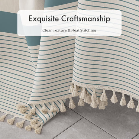 AmazerBath Striped Farmhouse Shower Curtain with Tassels in Blue, product gallery view highlighting the design and finish.