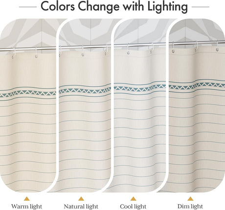 AmazerBath Striped Farmhouse Shower Curtain with Tassels in Blue, product gallery view highlighting the design and finish.