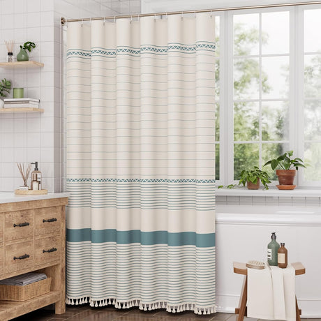 AmazerBath Striped Farmhouse Shower Curtain with Tassels in Blue, product gallery view highlighting the design and finish.