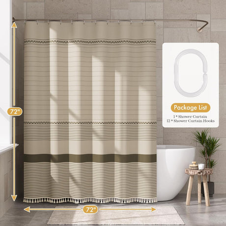 AmazerBath Striped Farmhouse Shower Curtain with Tassels in Brown, product gallery view highlighting the design and finish.