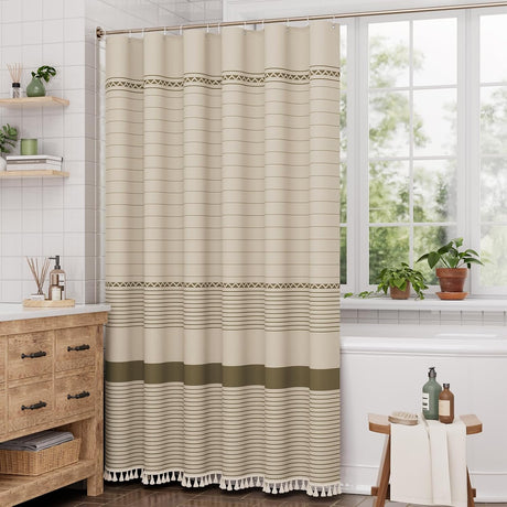 AmazerBath Striped Farmhouse Shower Curtain with Tassels in Brown, product gallery view highlighting the design and finish.