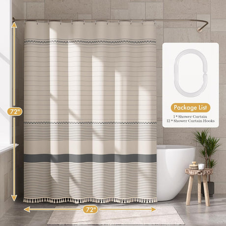 AmazerBath Striped Farmhouse Shower Curtain with Tassels in Grey, product gallery view highlighting the design and finish.