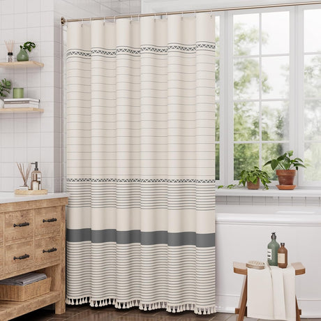 AmazerBath Striped Farmhouse Shower Curtain with Tassels in Grey, product gallery view highlighting the design and finish.