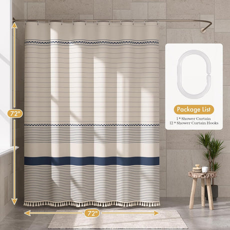 AmazerBath Striped Farmhouse Shower Curtain with Tassels in Navy Blue, product gallery view highlighting the design and fi...