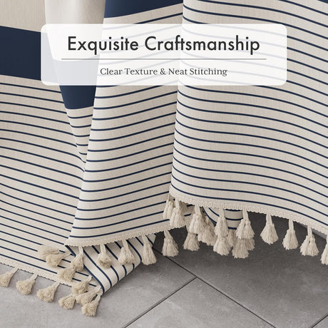 AmazerBath Striped Farmhouse Shower Curtain with Tassels in Navy Blue, product gallery view highlighting the design and fi...