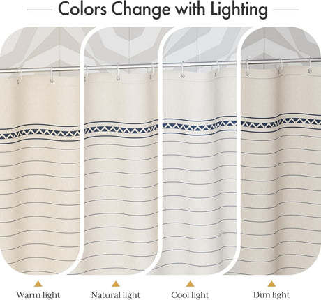 AmazerBath Striped Farmhouse Shower Curtain with Tassels in Navy Blue, product gallery view highlighting the design and fi...