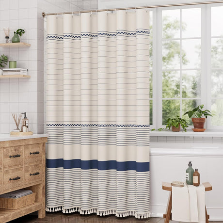 AmazerBath Striped Farmhouse Shower Curtain with Tassels in Navy Blue, product gallery view highlighting the design and fi...