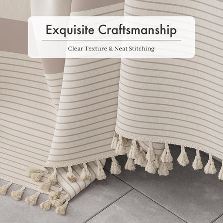 AmazerBath Striped Farmhouse Shower Curtain with Tassels in Pink, product gallery view highlighting the design and finish.