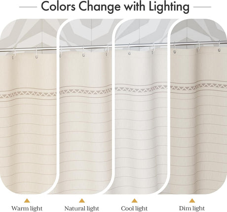 AmazerBath Striped Farmhouse Shower Curtain with Tassels in Pink, product gallery view highlighting the design and finish.
