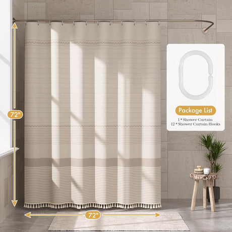 AmazerBath Striped Farmhouse Shower Curtain with Tassels in Pink, product gallery view highlighting the design and finish.