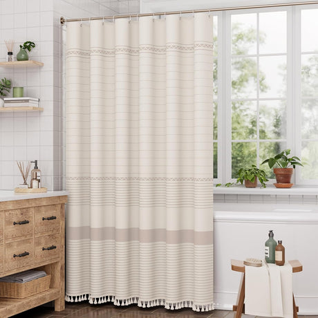 AmazerBath Striped Farmhouse Shower Curtain with Tassels in Pink, product gallery view highlighting the design and finish.
