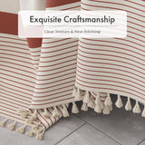 Close-up of the Striped Farmhouse Shower Curtain with Tassels showing the raised texture and neat stitching.