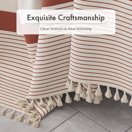 AmazerBath Striped Farmhouse Shower Curtain with Tassels in Red, product gallery view highlighting the design and finish.