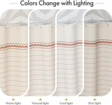 Striped Farmhouse Shower Curtain with Tassels shown under warm, natural, cool, and dim lighting.