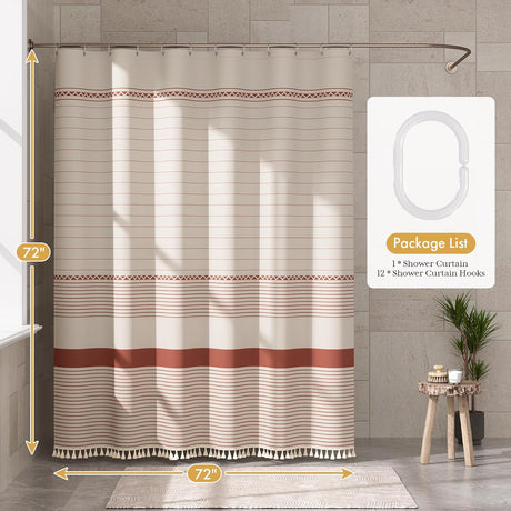 AmazerBath Striped Farmhouse Shower Curtain with Tassels in Red, product gallery view highlighting the design and finish.