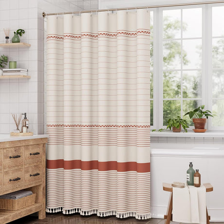 AmazerBath Striped Farmhouse Shower Curtain with Tassels in Red, product gallery view highlighting the design and finish.